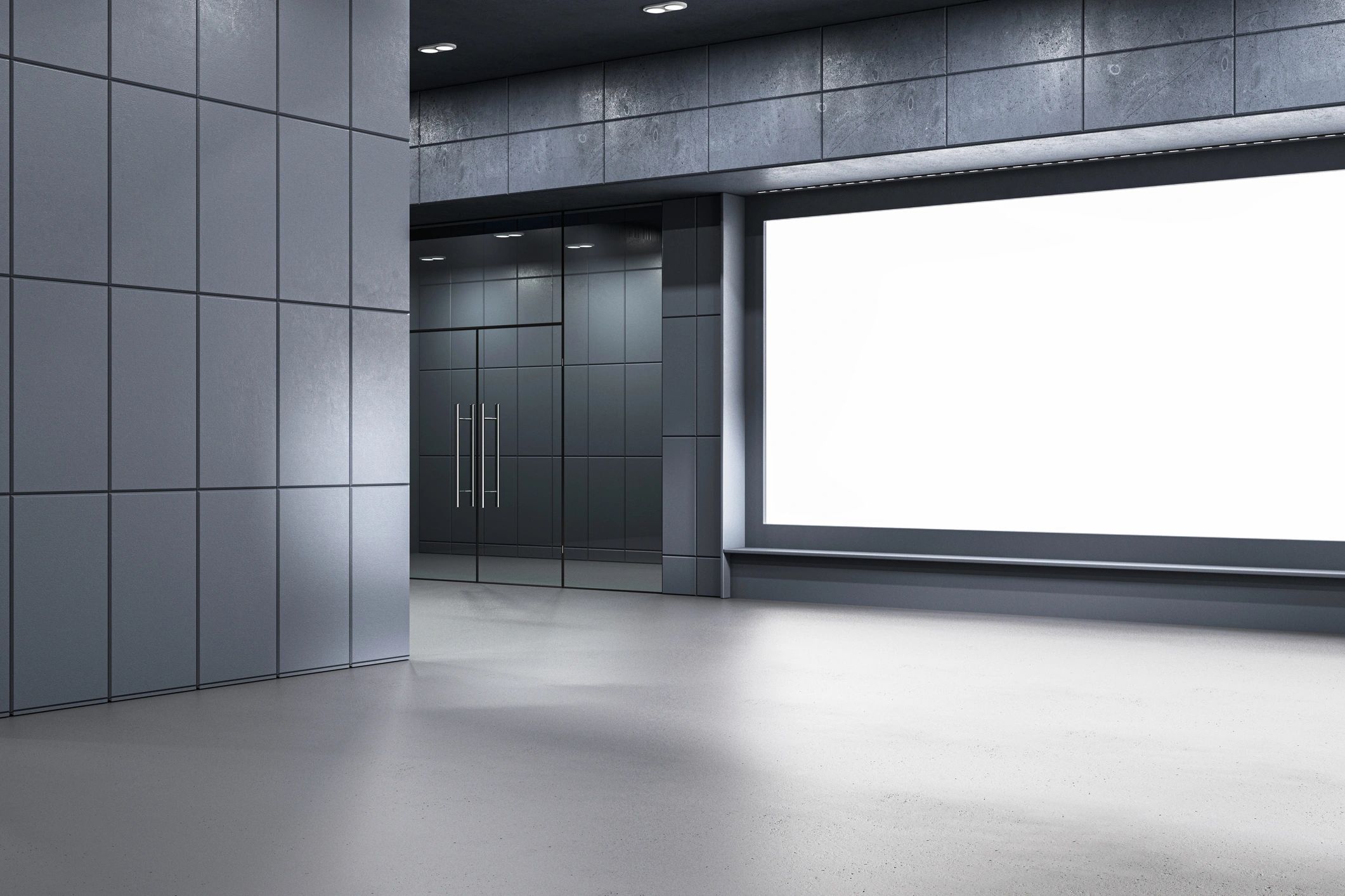 Modern commercial lobby with blank advertising billboards
